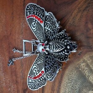 Silver & Red Rhinestone Death Moth Hair Clip